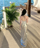 ロングドレス キャバドレス セクシー シルバー スパンコール 背中開き Vネック キラキラ 年会 二次会 JC2-XHY912609