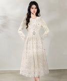 【3色】ロングドレス エレガント フェミニン レース 長袖 ウエストマーク Aライン 美シルエット シャネル風 ボタン装飾 お出かけ 日常 JC2-ZED889519-2GT415