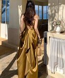 ロングドレス キャバドレス セクシー エレガント バックオープン ウエストマーク キャミワンピ ゴールド ギャザー JC2-XHY919324