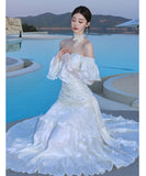 ロングドレス キャバドレス セクシー フレンチ マーメイド バタフライジャカード フリル 長袖 JC2-XHY913212