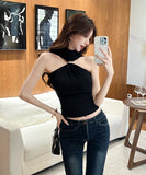 トップス レディース セクシー オフショルダー ノースリーブ ホルターネック メタルバックル ハイネック タンクトップ JC1-ZED885052DXH443