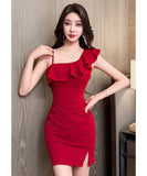 【2色】ミニドレス キャバドレス セクシー 韓国風 ワンショルダー キャミワンピ 上品 ボディコン JC2-JX5887