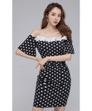 【2色】ミニドレス キャバドレス セクシー 韓国風 オフショルダー ドット柄 レース切り替え ボディコン JC2-JW3726NA71