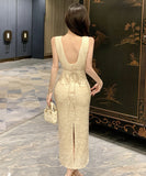 ロングドレス キャバドレス セクシー Vネック バックオープン スリット入り キラキラ JC2-WDS5562