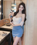 【4色】ミニドレス キャバドレス セクシー 韓国風 バイカラー切り替え タイト キャミワンピ シャーリング 指名 夜遊び JC2-MLS8019