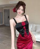 【2色】Lady's coco ロングドレス キャバドレス セクシー 韓国風 サテン 配色 フラワー装飾 スリット入り ボディコン JC2-MLS81282009