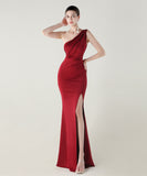 ロングドレス キャバドレス セクシー ワンショルダー サテン タイト マーメイドドレス プリーツ スリット入り 夜会 パーティー 結婚式 JC2-YEY33598