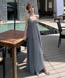 ロングドレス キャバドレス セクシー ビジュー付き Vネック バックレス キャミソール フレアシルエット プリーツ加工 バースデー JC2-XHY911117