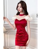 【2色】ミニドレス キャバドレス セクシー オードリー風 プリーツ ホルターネック 美脚効果 ボディコン JC2-JX5816