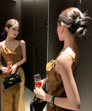 ロングドレス キャバドレス セクシー 上品 サテン バイアスカット ゴールド パーティー JC2-AQR3266