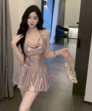 ミニドレス 光沢感 キャバドレス セクシー 着痩せ ホルターネック おしゃれ YH2-DD6890