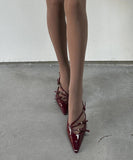 【2色】ハイヒール  ポインテッドトゥ フレンチ ベルトバックル付き クローズドトゥサンダル レトロ エナメルハイヒール JC5-FZ-HC-5