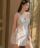 Lady's coco ルームウェア ランジェリー セクシー レース×ベロア パッド入り キャミワンピース プリーツ フラワープリント 大人可愛い LW8-GR6684