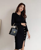 【2色】膝丈ドレス キャバドレス セクシー きれいめ タイト ニットワンピ ウエストマーク スリット 上品 細見え オフィスコーデ  デート JC2-ZED88021E325