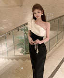 【2色】ロングドレス キャバドレス セクシー フレンチ ドレープ 切替 ワンショルダー ワンショルダー エレガント パーティー JC2-XHY918518