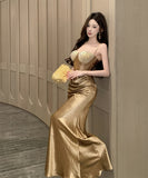ロングドレス キャバドレス セクシー 上品 スパンコール キャミソール サテン マーメイドライン JC2-DD3835