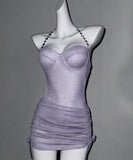 水着 ビキニ モノキニ ラメ ラインストーン パープル 小胸さん向け ワイヤー入り 盛れる 温泉 リゾート JC7-KSD060