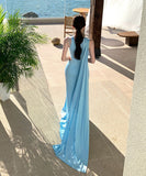 Lady's coco ロングドレス キャバドレス セクシー 肌見せデザイン カットアウト ウエスト ハイスリット ドレープ ライトブルー パーティー バースデー イベント JC2-XHY918251