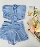 スイート系無地オフショル立体フラワー付き・リボン＆フリルデザイン ビキニ風セパレート水着 HMZ7-SNM35014