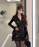 ミニドレス キャバドレス セクシー レース切り替え Vネック フレアスリーブ ボディコン デート お出かけ JC2-ZED886967DXH411