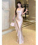 ロングドレス キャバドレス セクシー バックオープン ギャザー サテン エレガント パーティー JC2-XHY919292