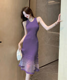 【4色】膝丈ドレス 体型カバー ニット セクシー オフショルダー 通勤 YH2-ZED886389GT510