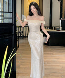 Lady's coco ロングドレス キャバドレス セクシー フレンチ オフショルダー スパンコール タイトシルエット 高見え ふわふわフェザー付き パーティー JC2-YKE450A8676