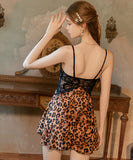 ルームウェア ランジェリー セクシー レオパード柄 シフォン レース切替 Vネック 誘惑 ベルスリーブ ガウン付きセット JC8-GR6633