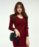 【3色】膝丈ドレス キャバドレス セクシー 韓国風 Vネック ボディコン リブニット タイト 出勤 デート JC2-MLS57256151