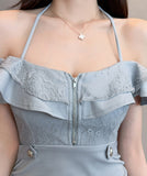 【3色】ミニドレス キャバドレス セクシー レース ローカット キャミワンピ フリル リボンストラップ 指名 JC2-YM8893