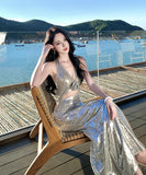 ロングドレス キャバドレス セクシー シルバー スパンコール 背中開き Vネック キラキラ 年会 二次会 JC2-XHY912609