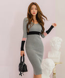 【3色】膝丈ドレス セクシー 韓国風 Vネック タイト ミディワンピ コンビカラー 出勤 デート お出かけ JC2-MLS57526258