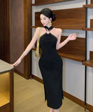 ロングドレス 中華風ヴィンテージスパンコール刺繍ハイネックスリットパーティー用エレガントワンピースHMZ2-DDFZC5003