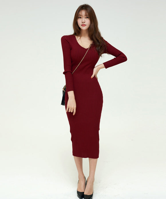 【3色】膝丈ドレス キャバドレス セクシー 韓国風 Vネック ボディコン リブニット タイト 出勤 デート JC2-MLS57256151