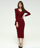 【3色】膝丈ドレス キャバドレス セクシー 韓国風 Vネック ボディコン リブニット タイト 出勤 デート JC2-MLS57256151