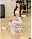 ロングドレス キャバドレス セクシー バックオープン ギャザー サテン エレガント パーティー JC2-XHY919292