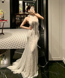 ロングドレス キャバドレス セクシー レース フリル ホルターネック バックオープン マーメイドライン パーティー JC2-XHY9895