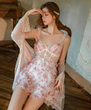 ランジェリー セクシー  ベビードール レースVネック 透け感 メッシュフラワー ナイトウェア 大人フェミニン LW8-GRC5816