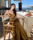 ロングドレス キャバドレス セクシー エレガント バックオープン ウエストマーク キャミワンピ ゴールド ギャザー JC2-XHY919324