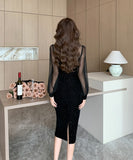 膝丈ドレス キャバドレス セクシー レトロ風 長袖 チュール スパンコール ベルベット スリット入り ボディコン JC2-WDS5570