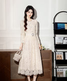 【3色】ロングドレス エレガント フェミニン レース 長袖 ウエストマーク Aライン 美シルエット シャネル風 ボタン装飾 お出かけ 日常 JC2-ZED889519-2GT415