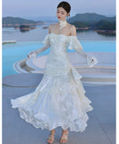 ロングドレス キャバドレス セクシー フレンチ マーメイド バタフライジャカード フリル 長袖 JC2-XHY913212