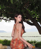 ミニドレス　小花柄ホルターネックワンピース 夏のリゾート映え・タイ風バックレスドレスHMZ7-CDYFZ6-141-92590500