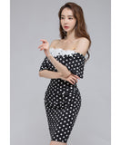 【2色】ミニドレス キャバドレス セクシー 韓国風 オフショルダー ドット柄 レース切り替え ボディコン JC2-JW3726NA71
