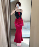 【2色】Lady's coco ロングドレス キャバドレス セクシー 韓国風 サテン 配色 フラワー装飾 スリット入り ボディコン JC2-MLS81282009