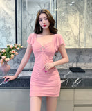 【3色】ミニドレス キャバドレス 谷間露出 フリル おしゃれ セクシー Vネック YH2-DD6917