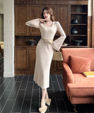 【3色】ロングドレス レディース  V ネック ニット ワンピース リブ編み フレアスリーブ ベルト付き ベージュ 上品 きれいめ 秋冬コーデDQ2-ZED885032DXH443【3色】ロングドレス レディース  V ネック ニット ワンピース リブ編み フレアスリーブ ベルト付き ベージュ 上品 きれいめ 秋冬コーデDQ2-ZED885032DXH443