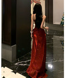 ロングドレス キャバドレス セクシー キラキラ スパンコール スリット入り フォーマルドレス ボルドー JC2-XHY917207