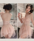 【3色】ルームウェア ランジェリー セクシー ボディフィット レースアップ パッド付き ワイヤー入り シースルーメッシュ 透け感 誘惑 JC8-JJ1680