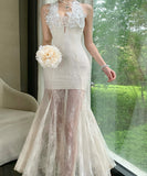 ロングドレス キャバドレス セクシー フレンチ レース ホルターネック シアー 細見え JC2-XHY919863